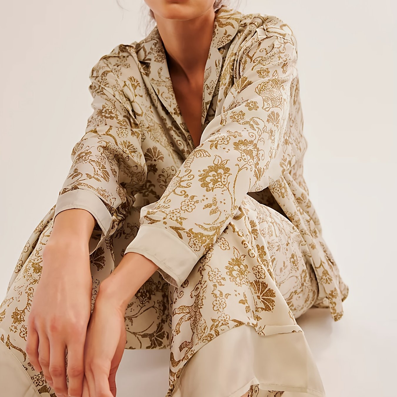 Purple Satin Pajamas - Elegant Floral Printed - Perfect For A Cozy Night