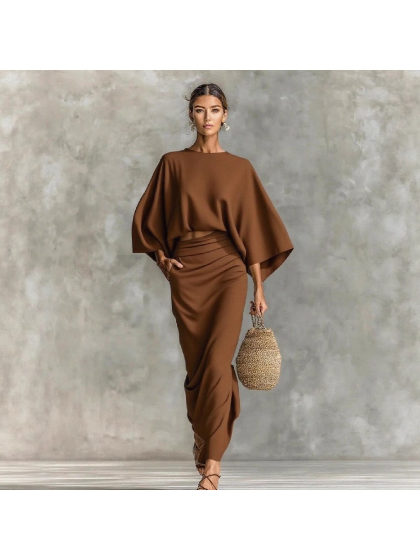 Elegant Crew Neck Long Sleeve Top And High-Waisted Skirt Set