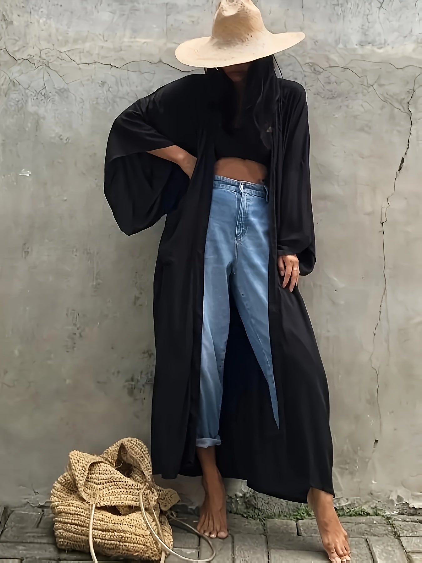 Boho Kimono Beach Coverup Robe With Belt For Casual Wear