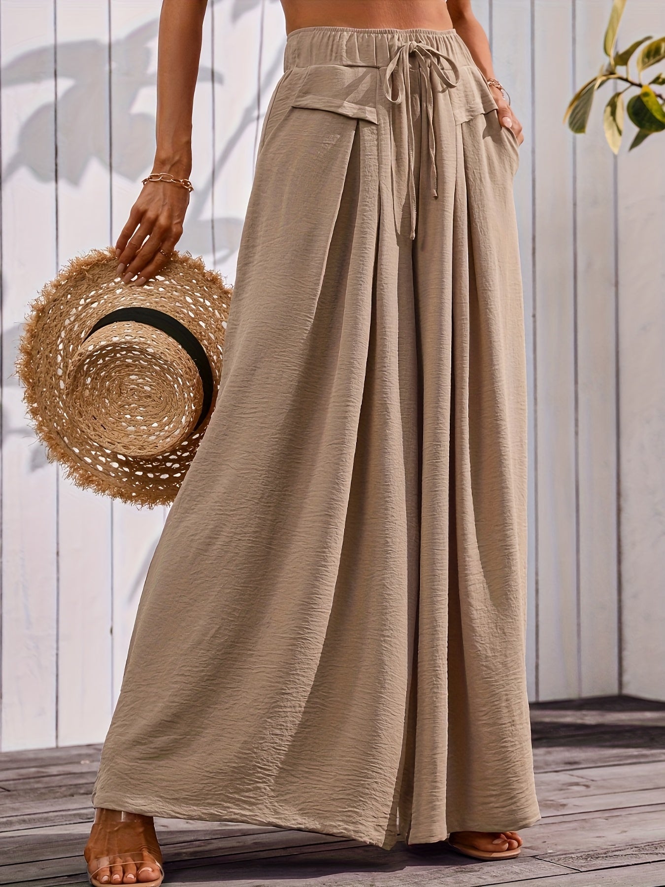 Flowy Wide Leg Pants For Women With Elastic Waist Pocket