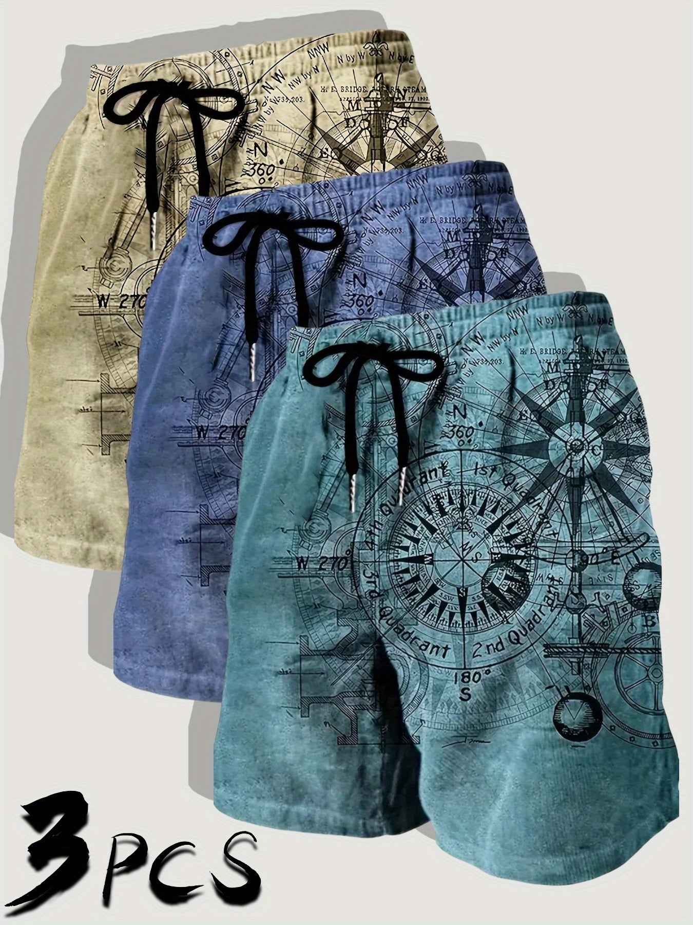 Three Pack Mens Casual Beach Shorts Nautical Chart Print