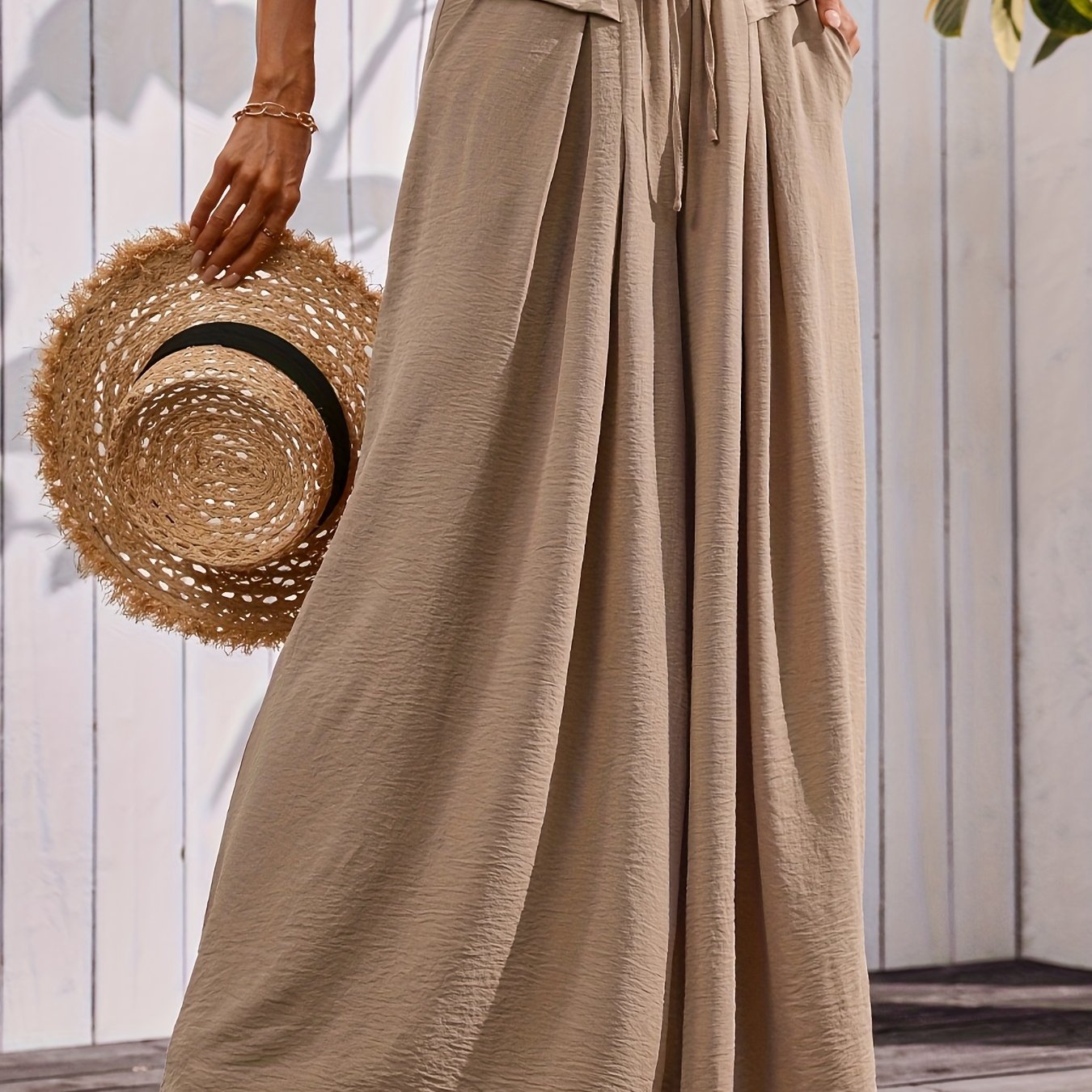 Flowy Wide Leg Pants For Women With Elastic Waist Pocket