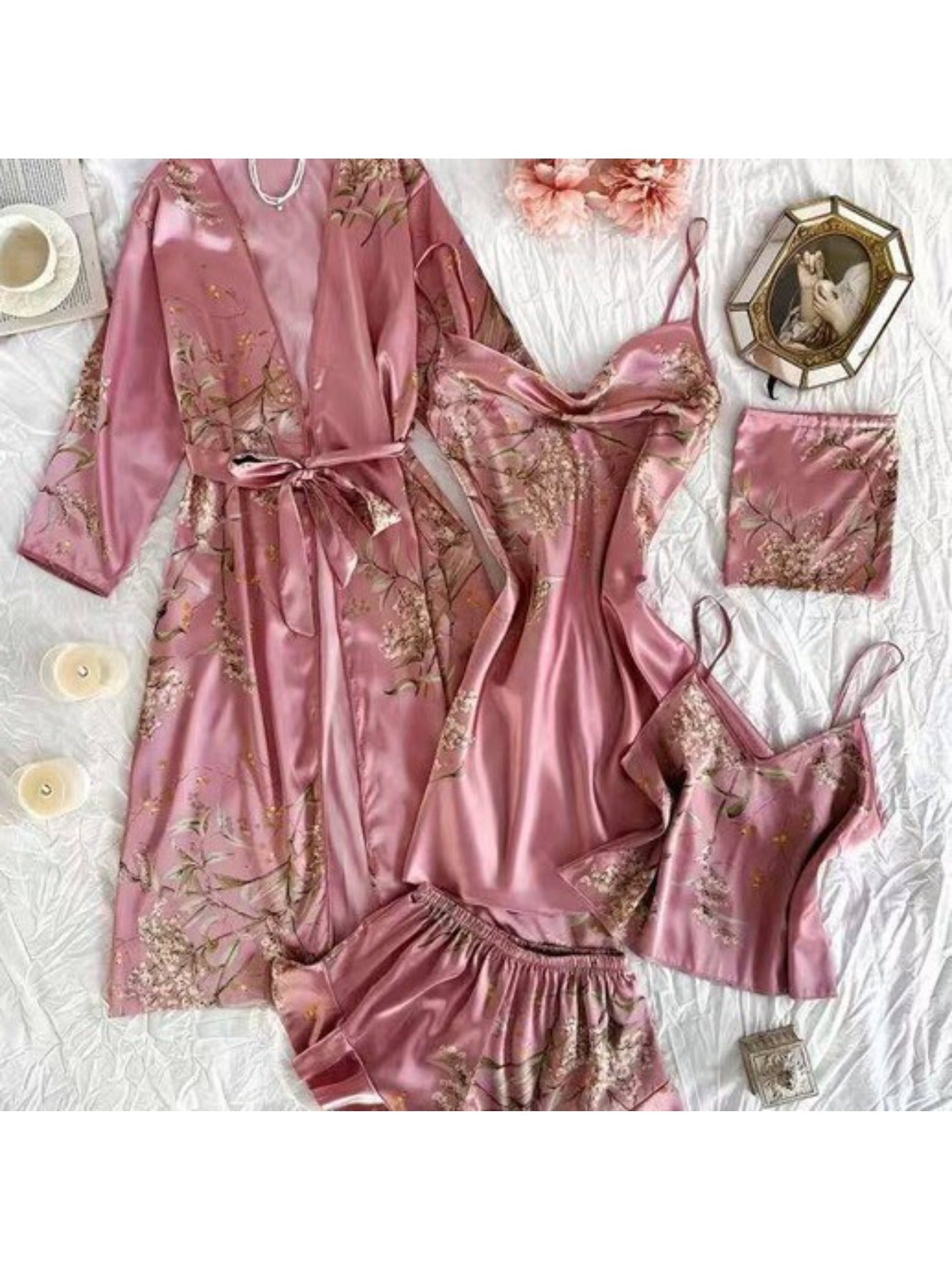 Five Piece Printed Cherry Pajama Set For Women Lightweight Cotton Homewear Comfort