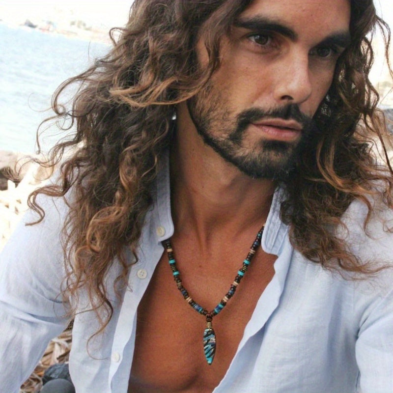 Mens Bohemian Beaded Necklace Earthy Wood Beads Jewelry