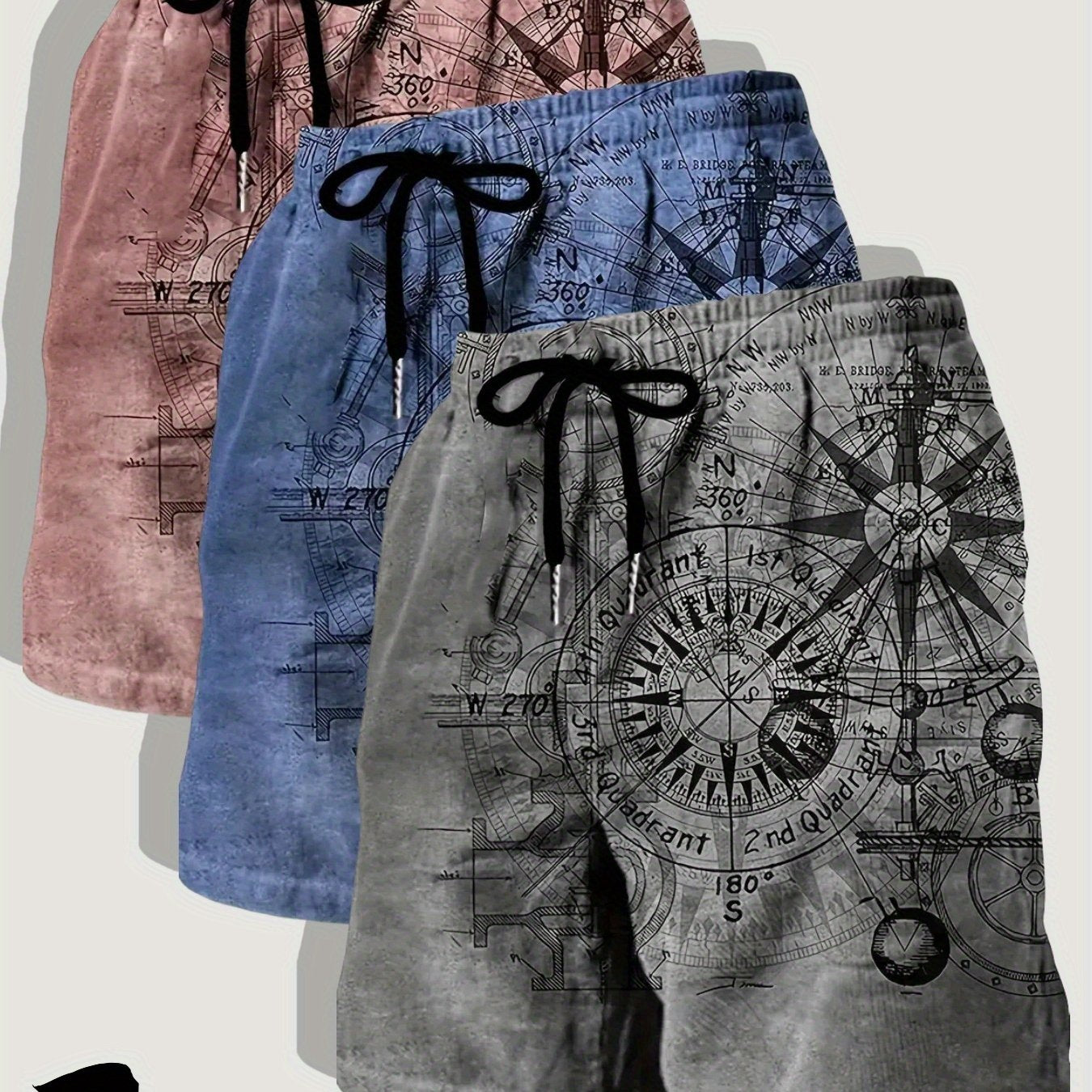 Three Pack Mens Casual Beach Shorts Nautical Chart Print
