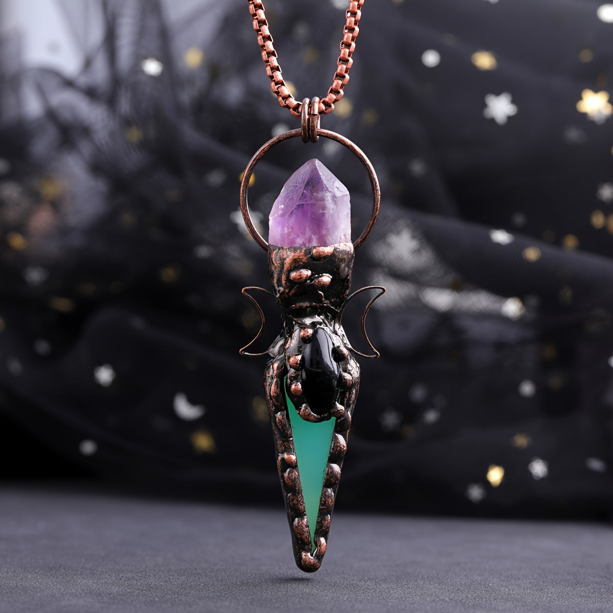 Bohemian Quartz and Green Agate Necklace with Copper Moon