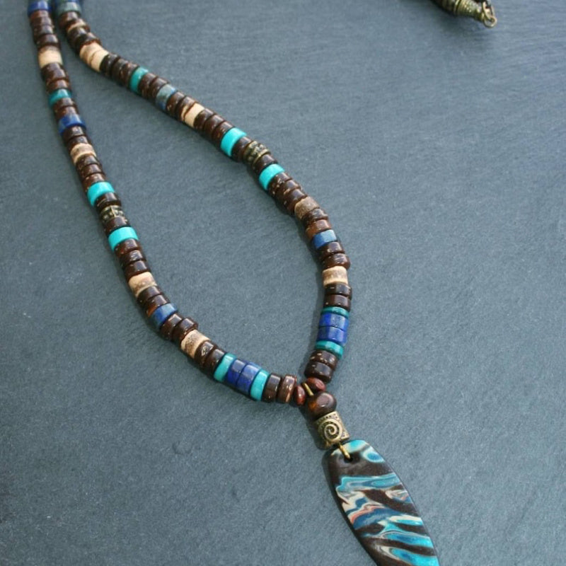Mens Bohemian Beaded Necklace Earthy Wood Beads Jewelry