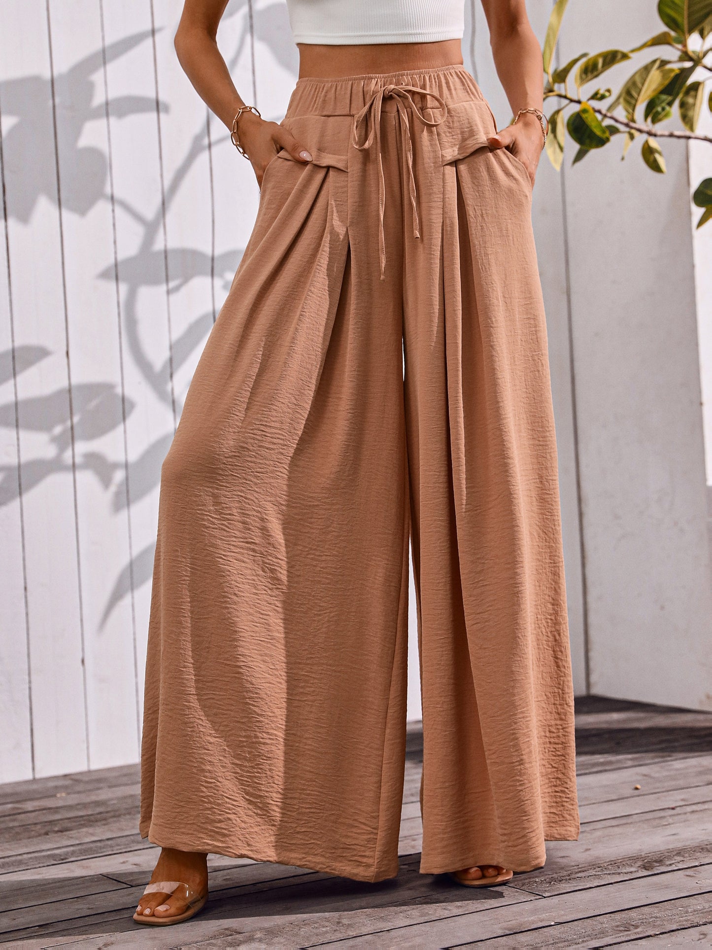 Flowy Wide Leg Pants For Women With Elastic Waist Pocket