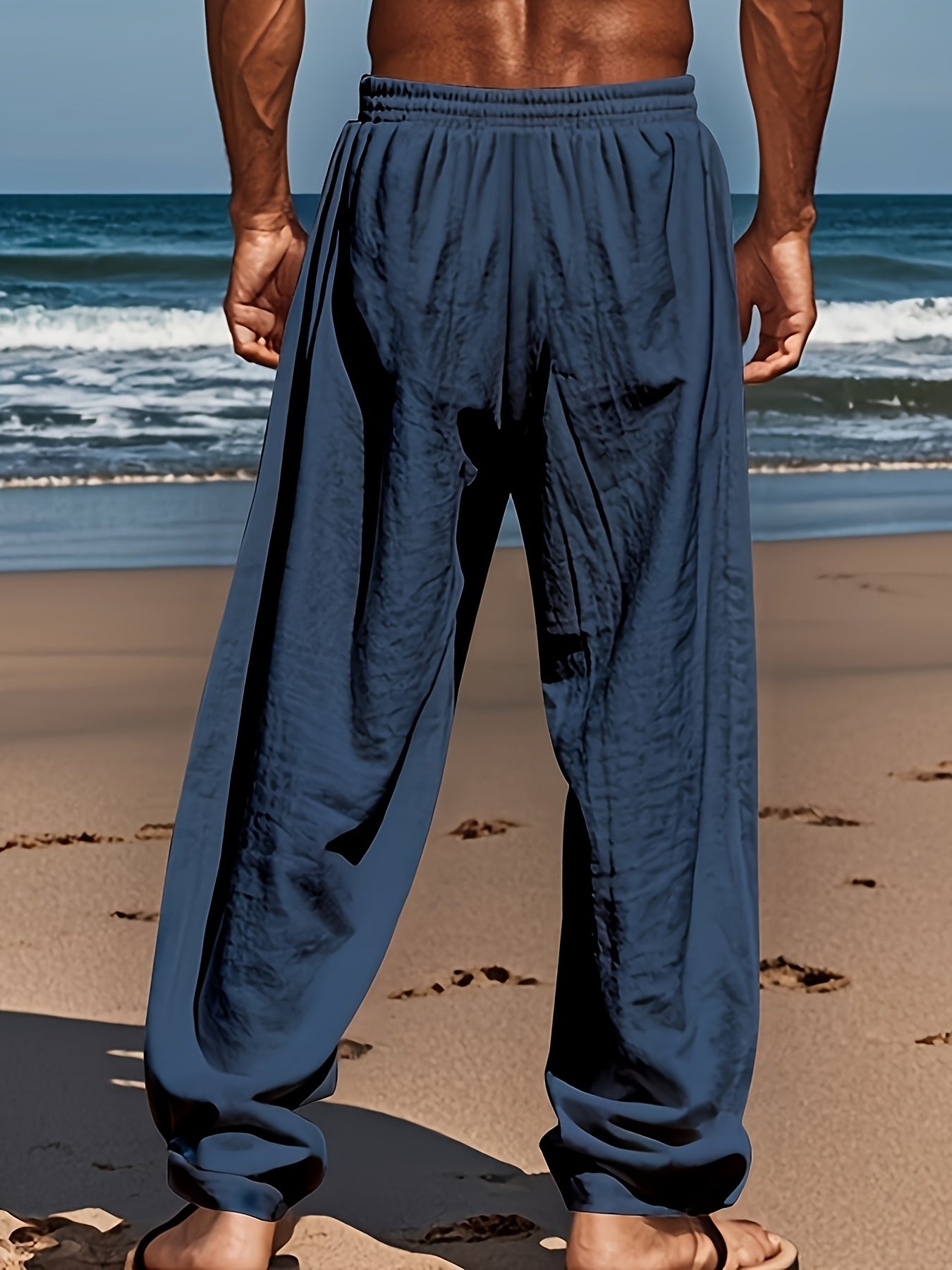 Linen Blend Men's Elastic Waistband Trousers With Drawstring Loose Casual Pants For Everyday Comfort