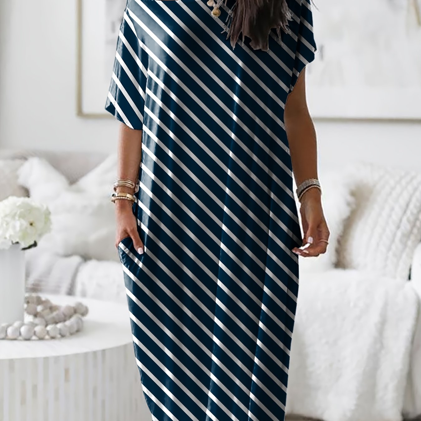 Womens Long Style Dress Crew Neck Comfortable Breathable