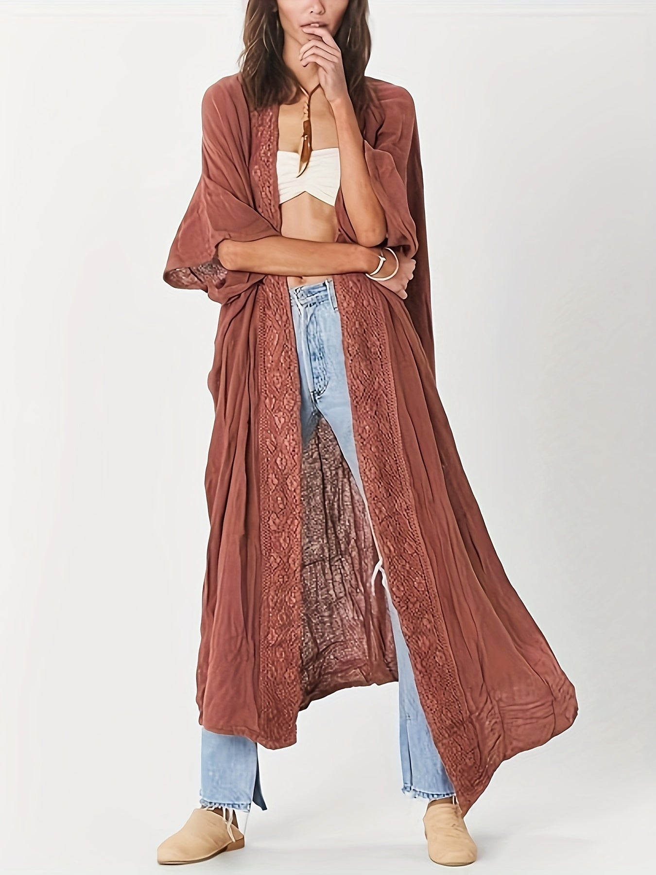 Blossom And Radiate Embroidery Kimono Bathing Suit Cover Up