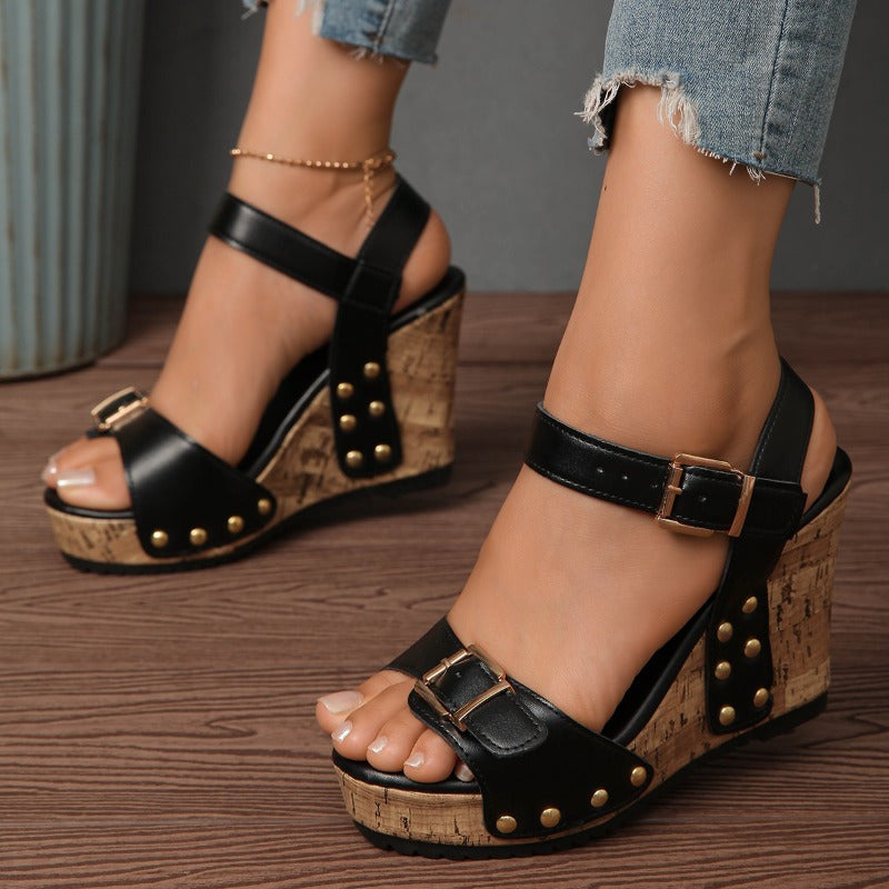 FME Women Summer Sandals Wedge Heel with Button Strap