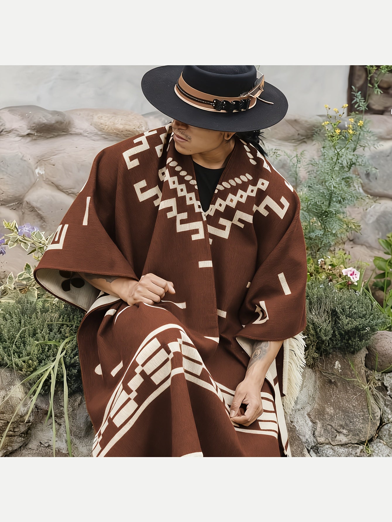 SCACTO Men's Western Shawl Cloak Fringe Cape Poncho