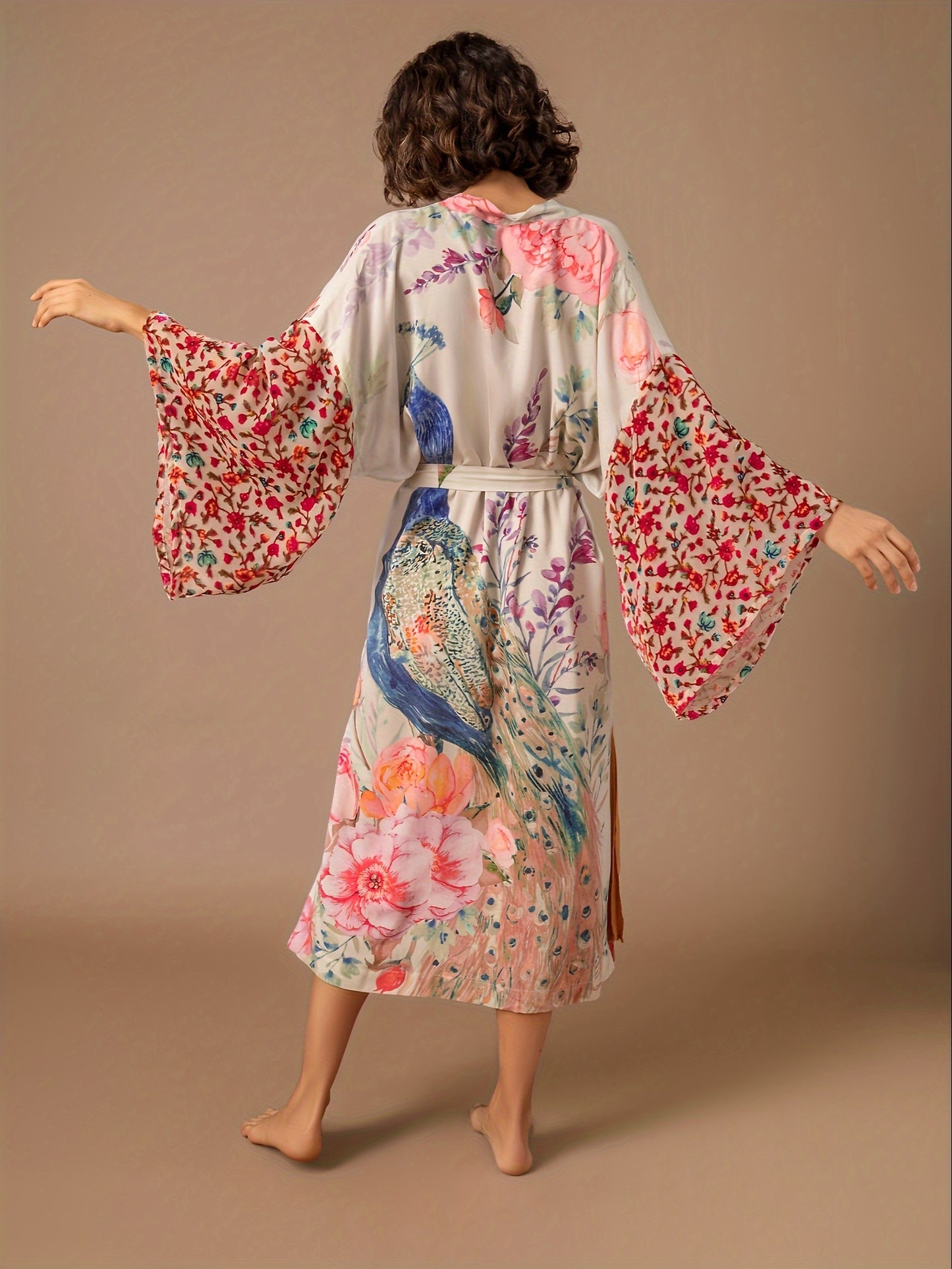 Women's Printed Peacock Pattern Position Printed Waist Belt Sleep Robe Long-Sleeved Open Cardigan Homewear Robe