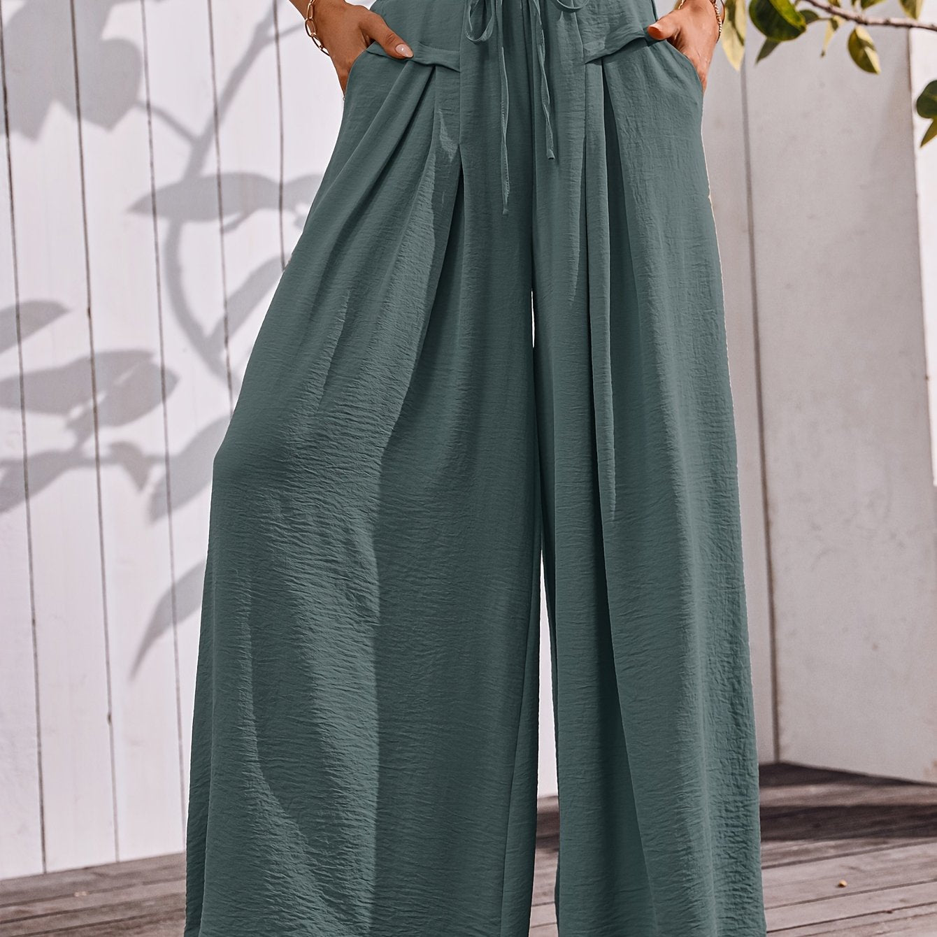 Flowy Wide Leg Pants For Women With Elastic Waist Pocket