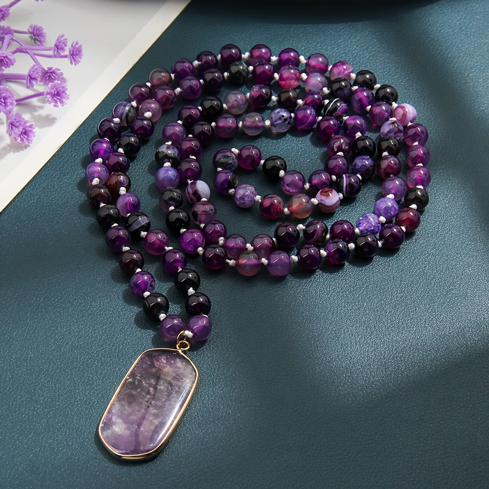 Purple Stone Mala Beads Necklace Teardrop Pendant
