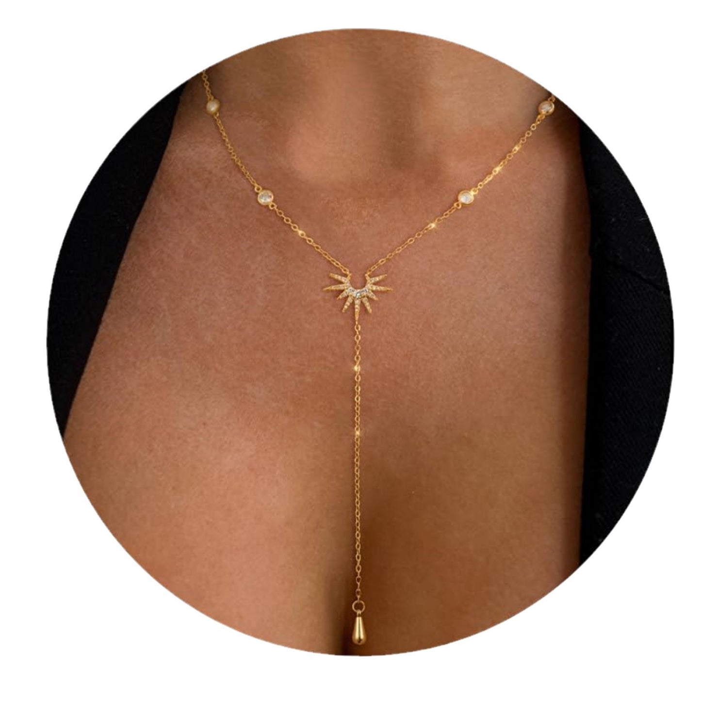 Blossom Radiate Boho Y Shaped Tassel Necklace Rhinestones