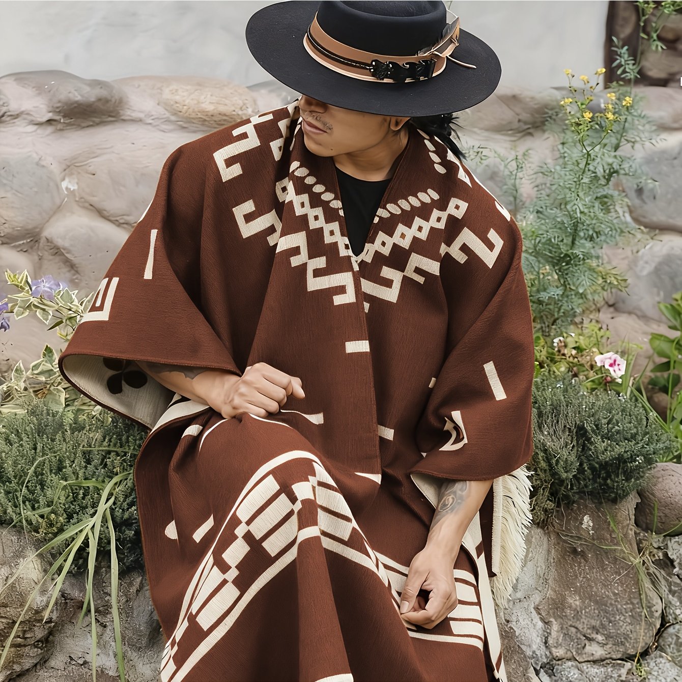 SCACTO Men's Western Shawl Cloak Fringe Cape Poncho