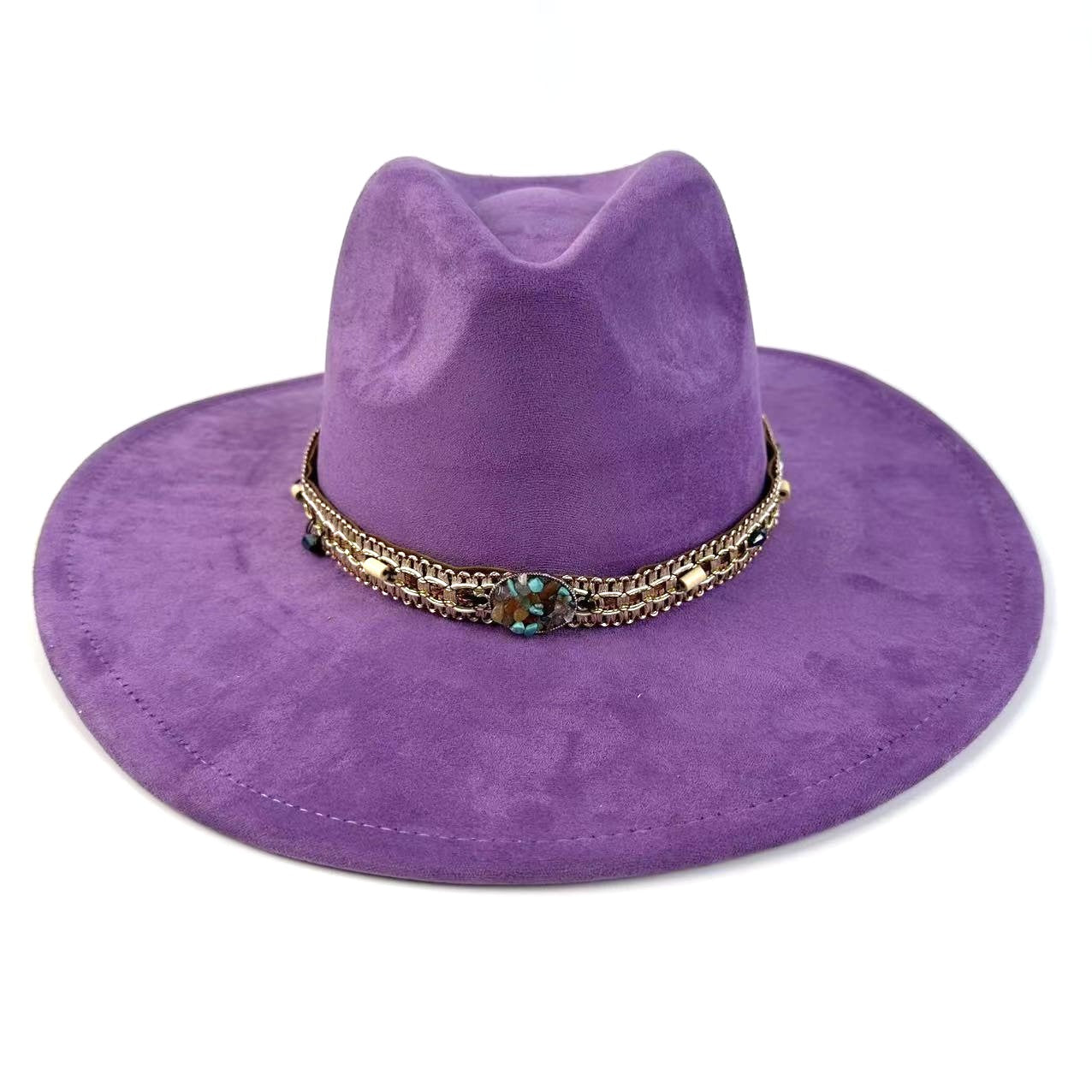 Bohemian Wide-Brim Felt Hat With Turquoise Bead Chain Band