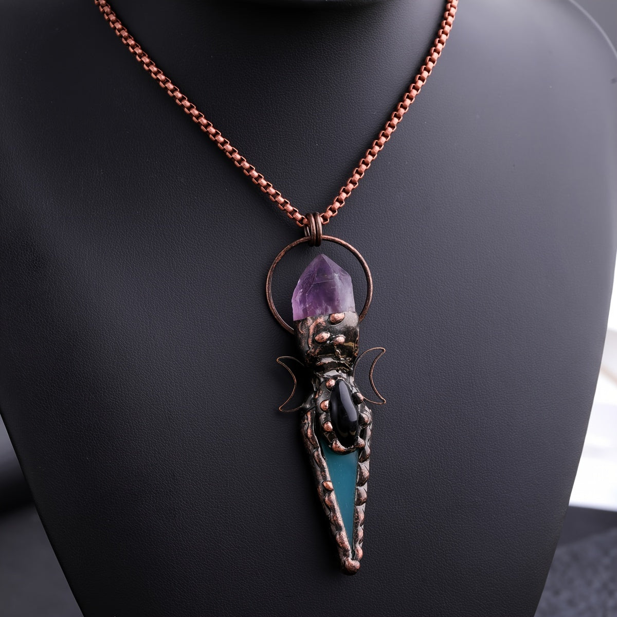 Bohemian Quartz and Green Agate Necklace with Copper Moon