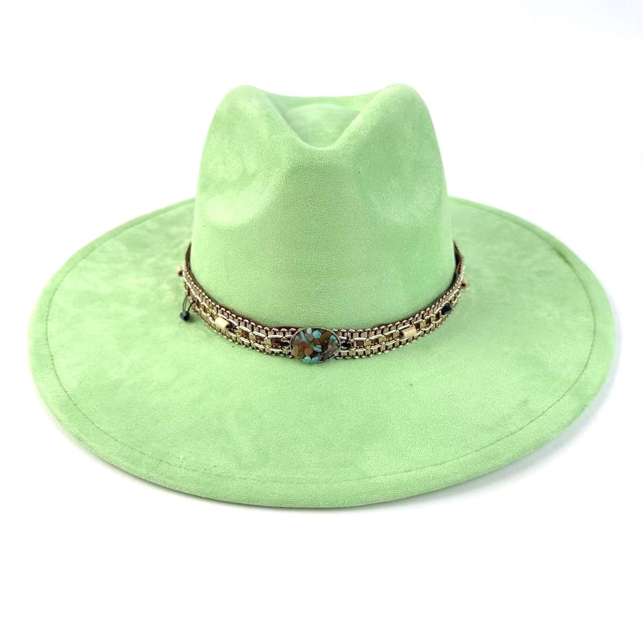 Bohemian Wide-Brim Felt Hat With Turquoise Bead Chain Band