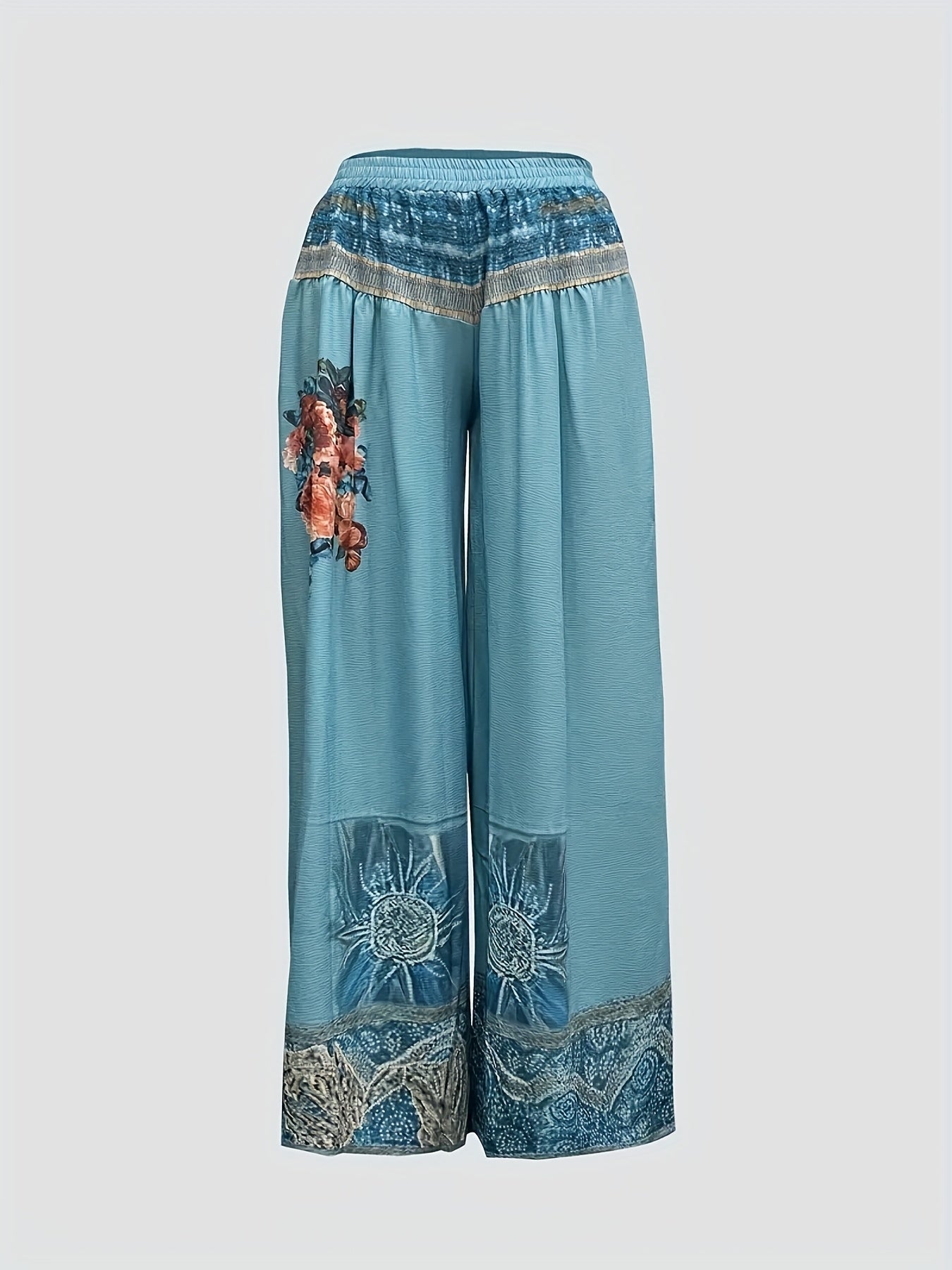 Floral High-Waisted Wide-Leg Trousers With Elastic Waistband