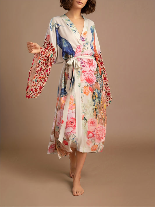 Women's Printed Peacock Pattern Position Printed Waist Belt Sleep Robe Long-Sleeved Open Cardigan Homewear Robe