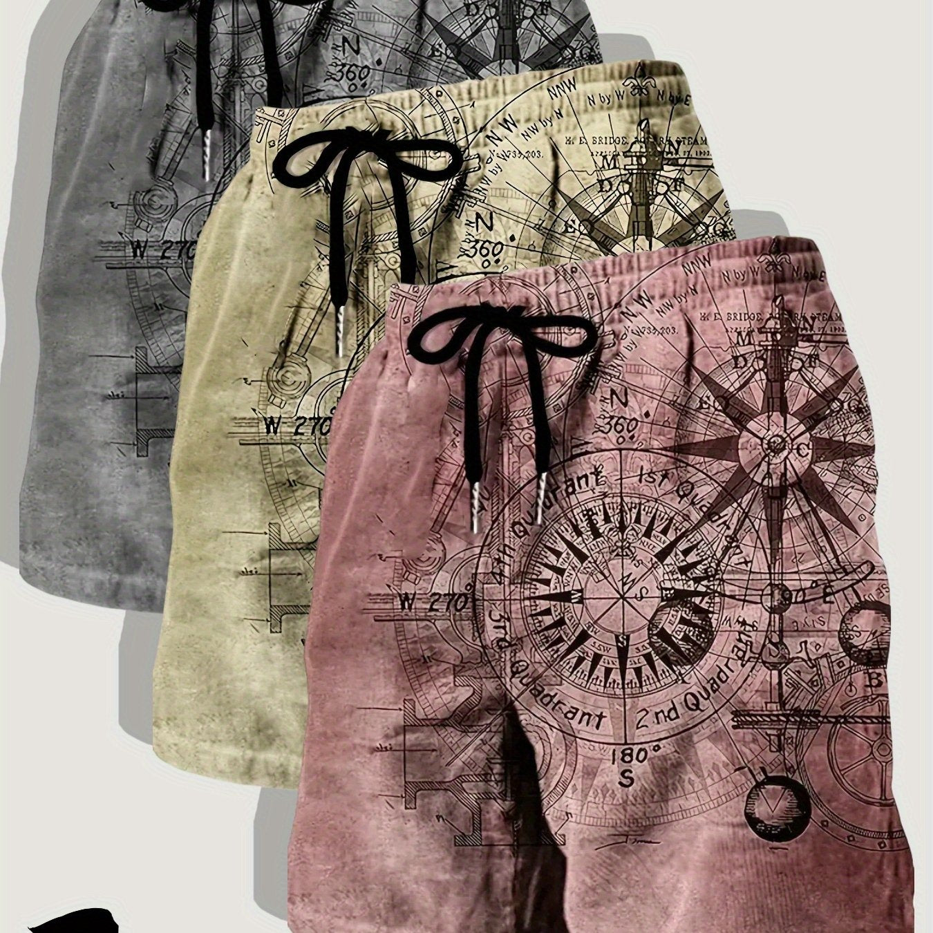 Three Pack Mens Casual Beach Shorts Nautical Chart Print