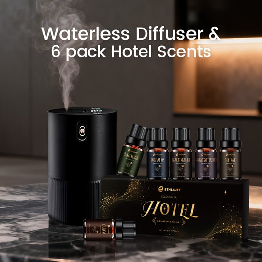 Waterless Diffuser with 6 X 0.34oz Hotel Essential Oil, Smart Car Air Diffuser, Mini Scent Air Machine Portable Diffuser for Home Car Office, Start/Stop SyncSmart Control