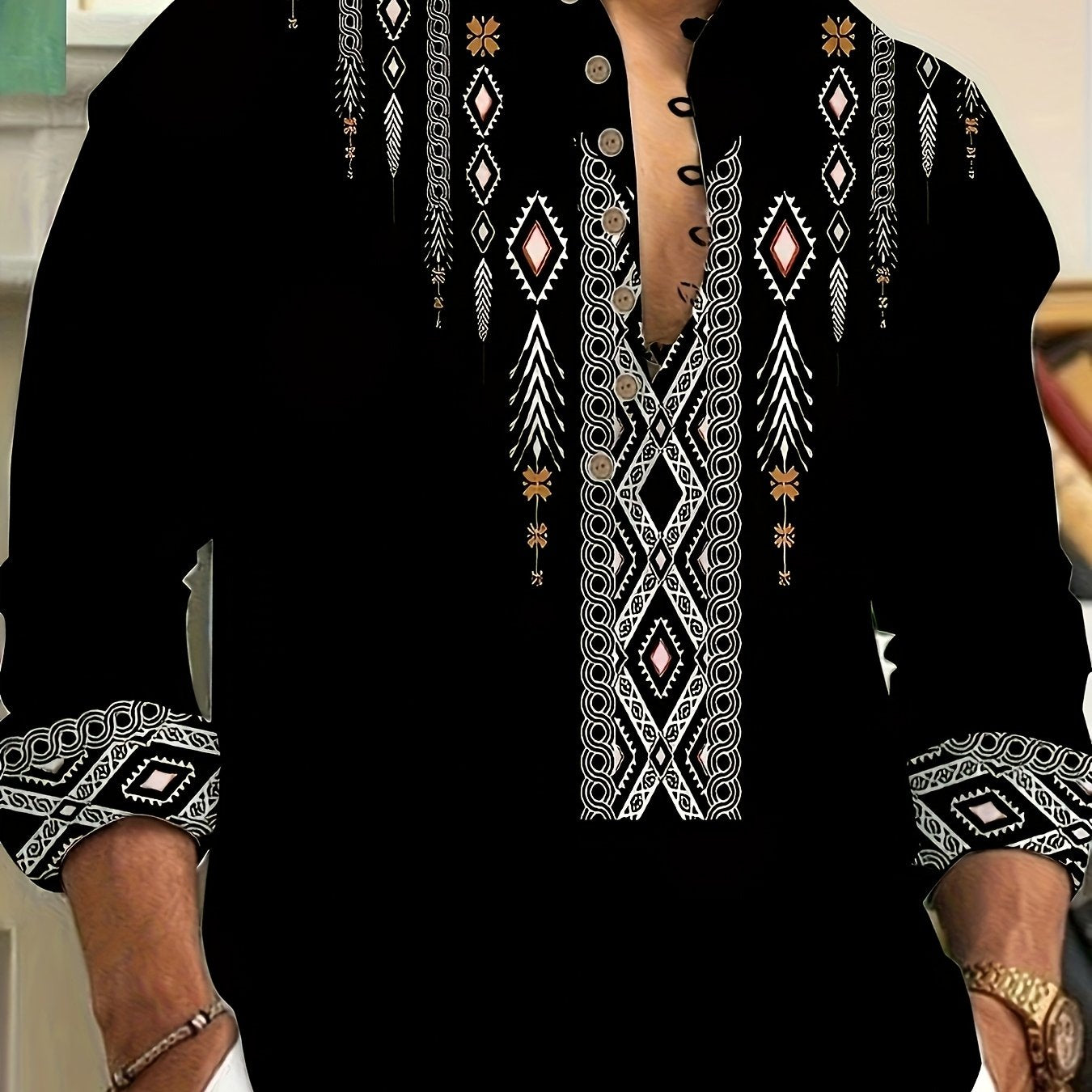 Men's Casual Henley Shirt With 3D Ethnic Print Regular Fit