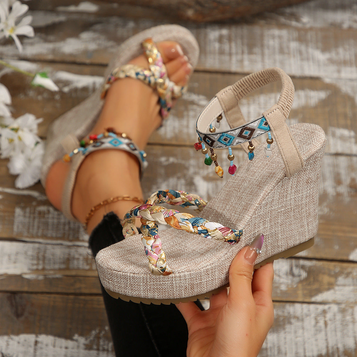 Wedge Sandals With Ankle Strap Buckle Cone Heel Open Toe