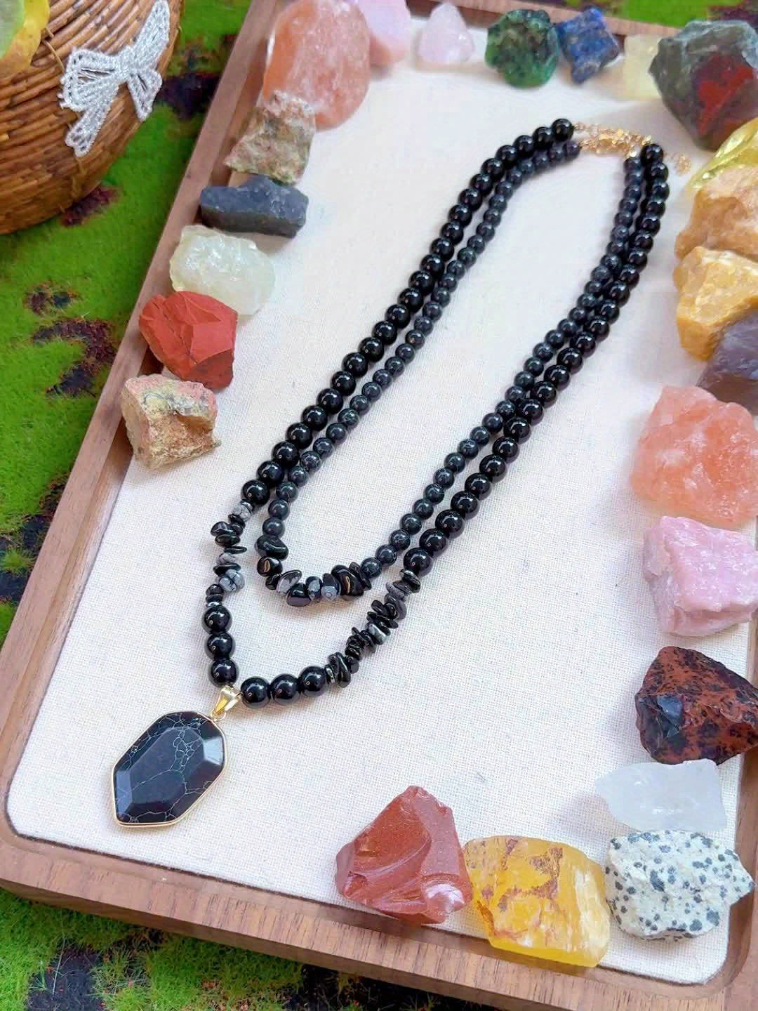 Blossom Radiate Grounding Obsidian Beaded Necklace Set