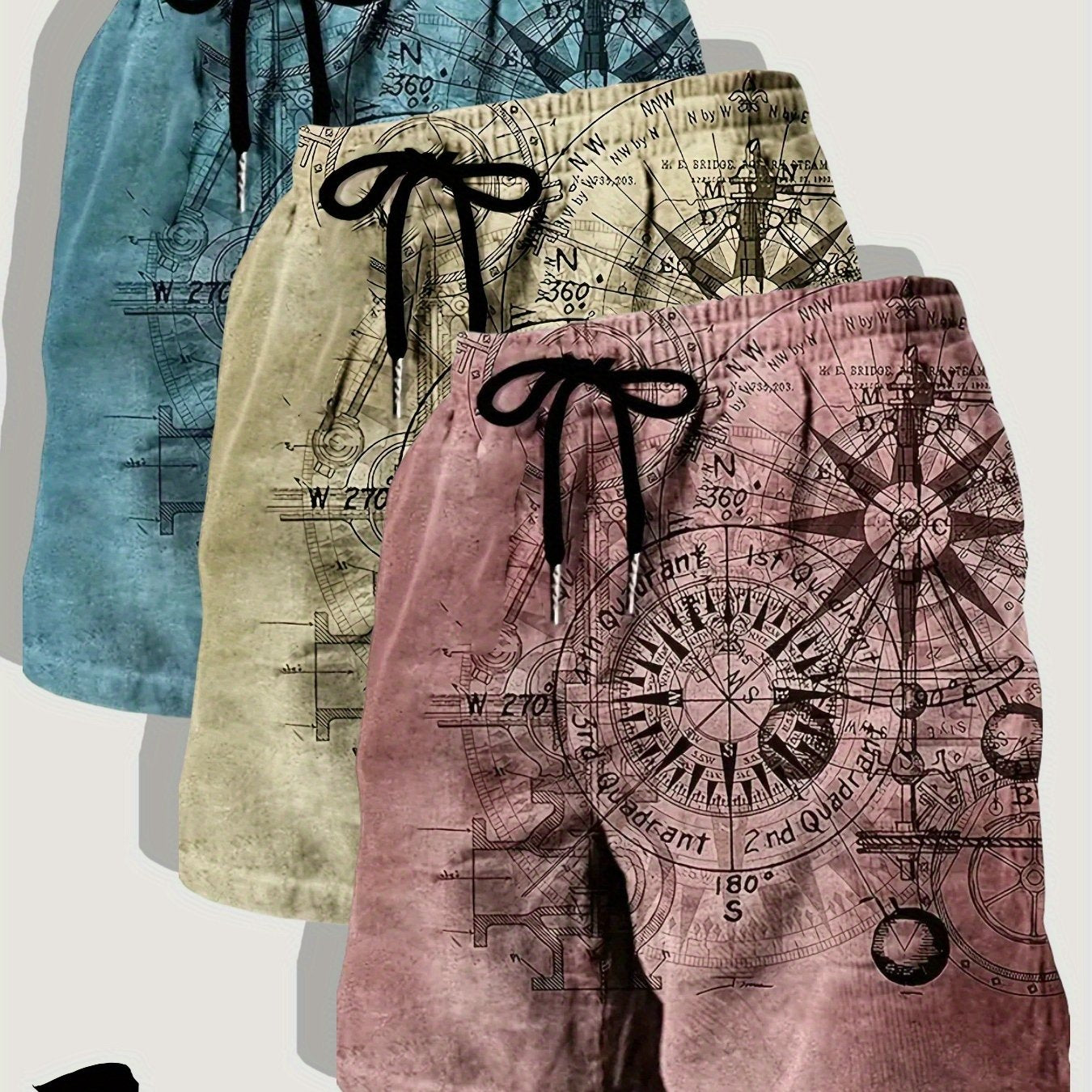 Three Pack Mens Casual Beach Shorts Nautical Chart Print