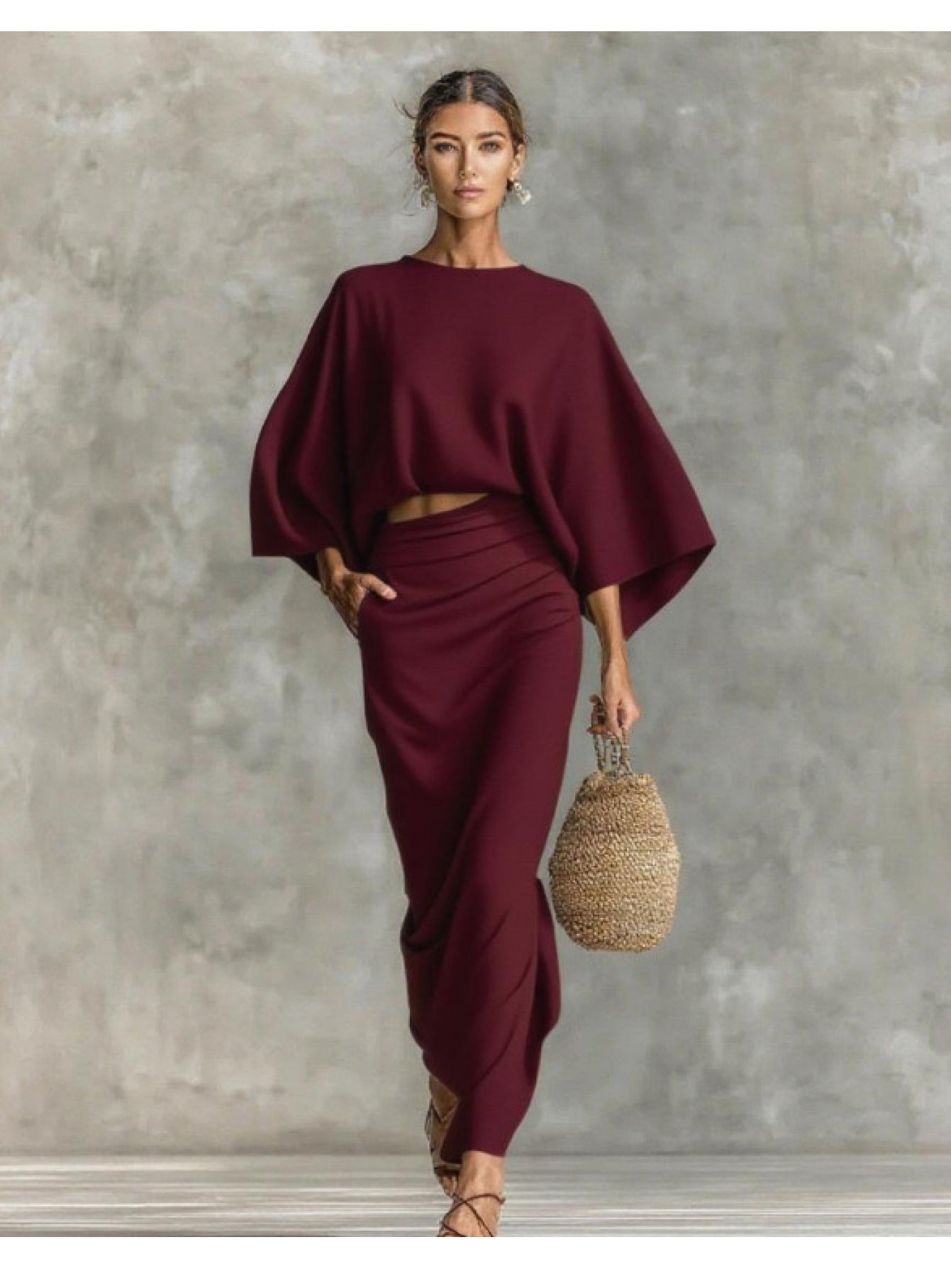 Elegant Crew Neck Long Sleeve Top And High-Waisted Skirt Set