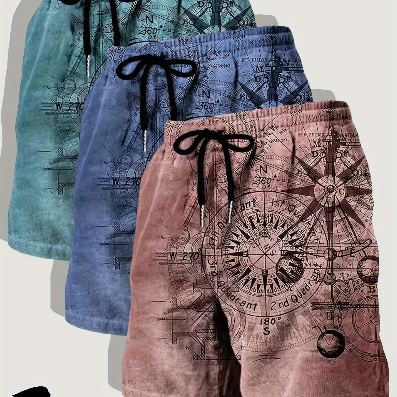 Three Pack Mens Casual Beach Shorts Nautical Chart Print