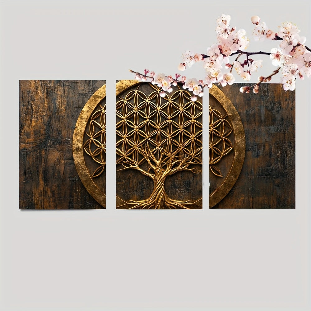 2D Canvas, Modern Bohemian Three-Panel Wall Art- Flower of Life, Tree of Life& Sephiroth Sacred Geometry Framed Canvas Prints 15.7x23.6 Inch, Golden on Dark Background for Living Room, Home Office& Christmas Decor, Wall Decor