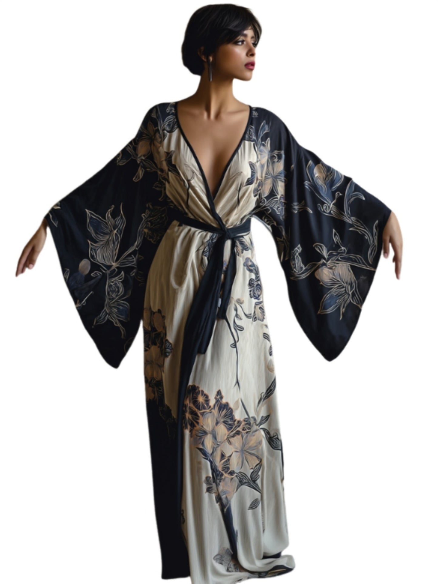Elegant Floral Kimono Robe Dress With Hibiscus Print