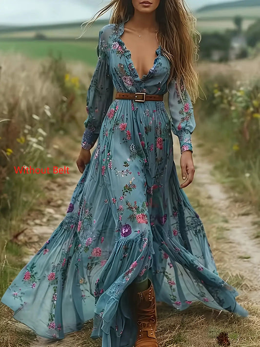 Bohemian Floral Print Maxi Dress With Elastic Waist