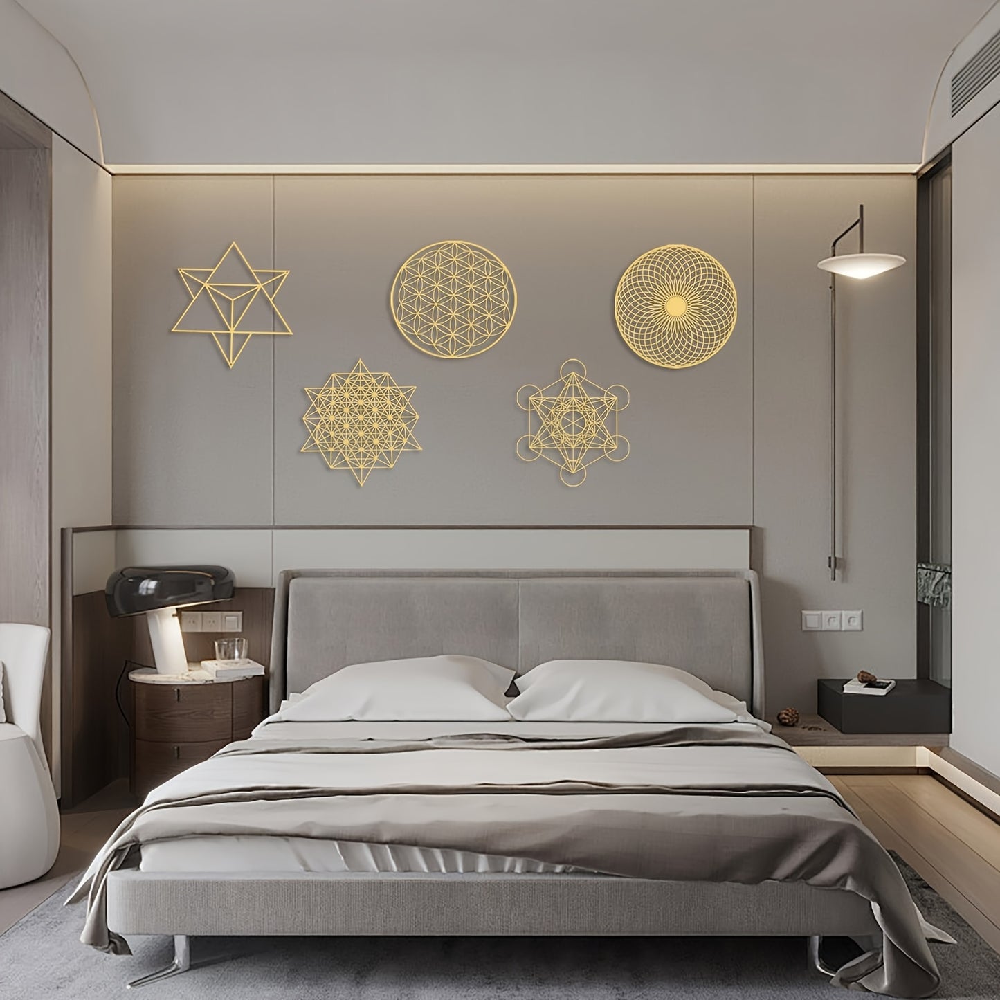 5pcs 12 Inch Sacred Geometry Wood Wall Art Set Cube Home Decor Flower Of Life Hanging Sculpture Metal Grid 7 Chakra Wall Decor