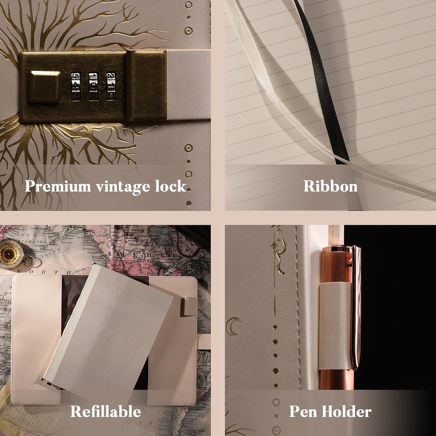 Lockable Password Book Withered Tree Pattern Leather Notebook
