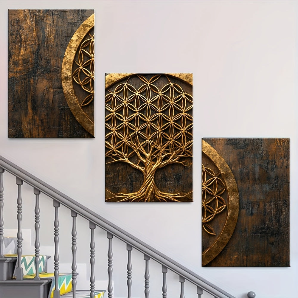2D Canvas, Modern Bohemian Three-Panel Wall Art- Flower of Life, Tree of Life& Sephiroth Sacred Geometry Framed Canvas Prints 15.7x23.6 Inch, Golden on Dark Background for Living Room, Home Office& Christmas Decor, Wall Decor