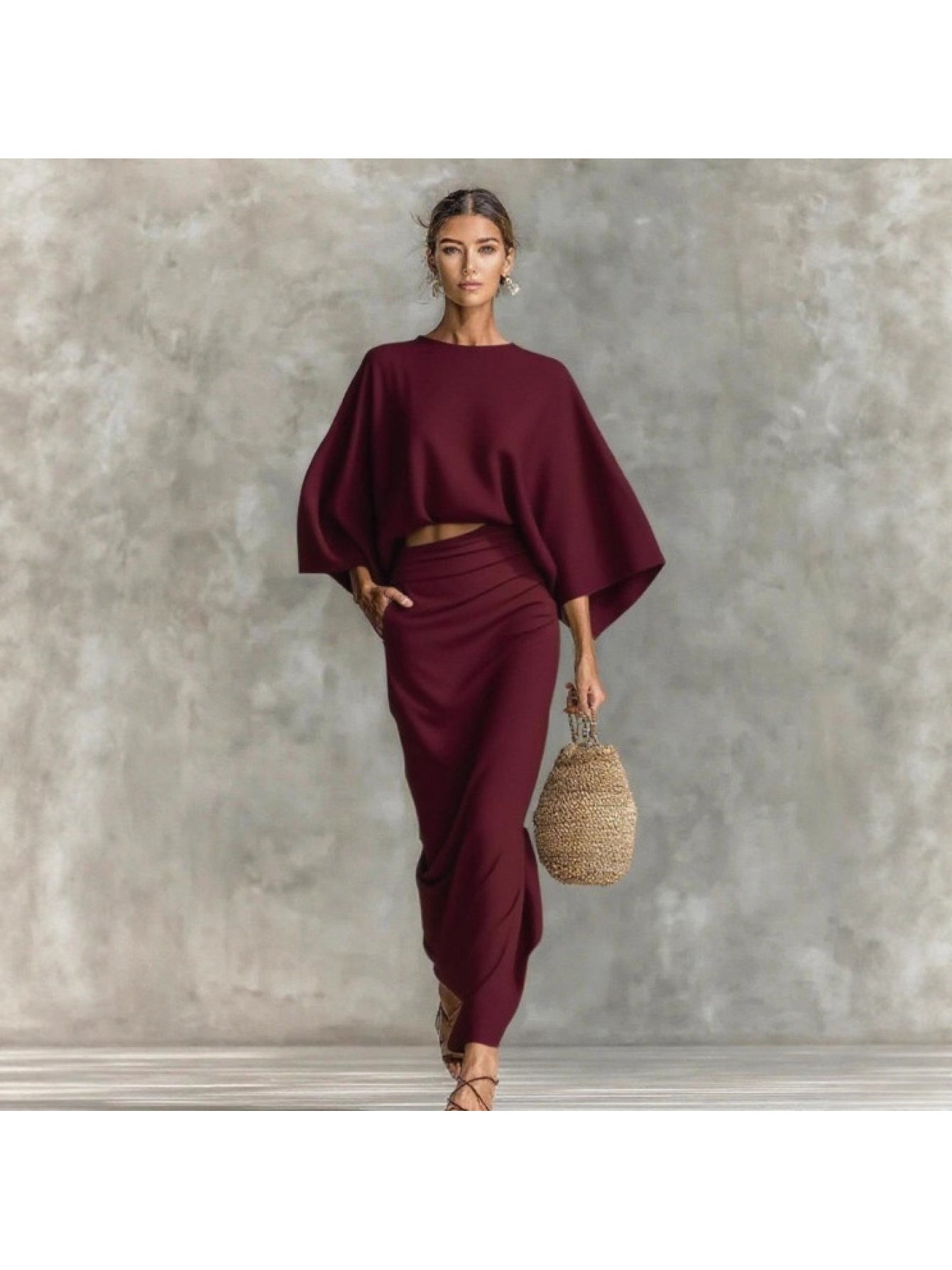 Elegant Crew Neck Long Sleeve Top And High-Waisted Skirt Set