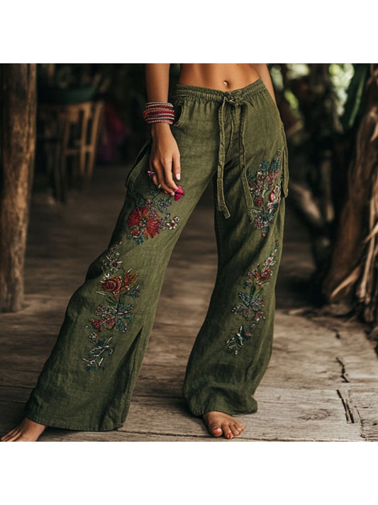Bohemian Floral Wide-Leg Pants With Tie Waist