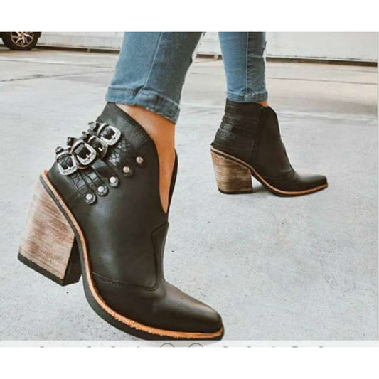 Western Retro Chunky Heel Ankle Boots Buckle Straps