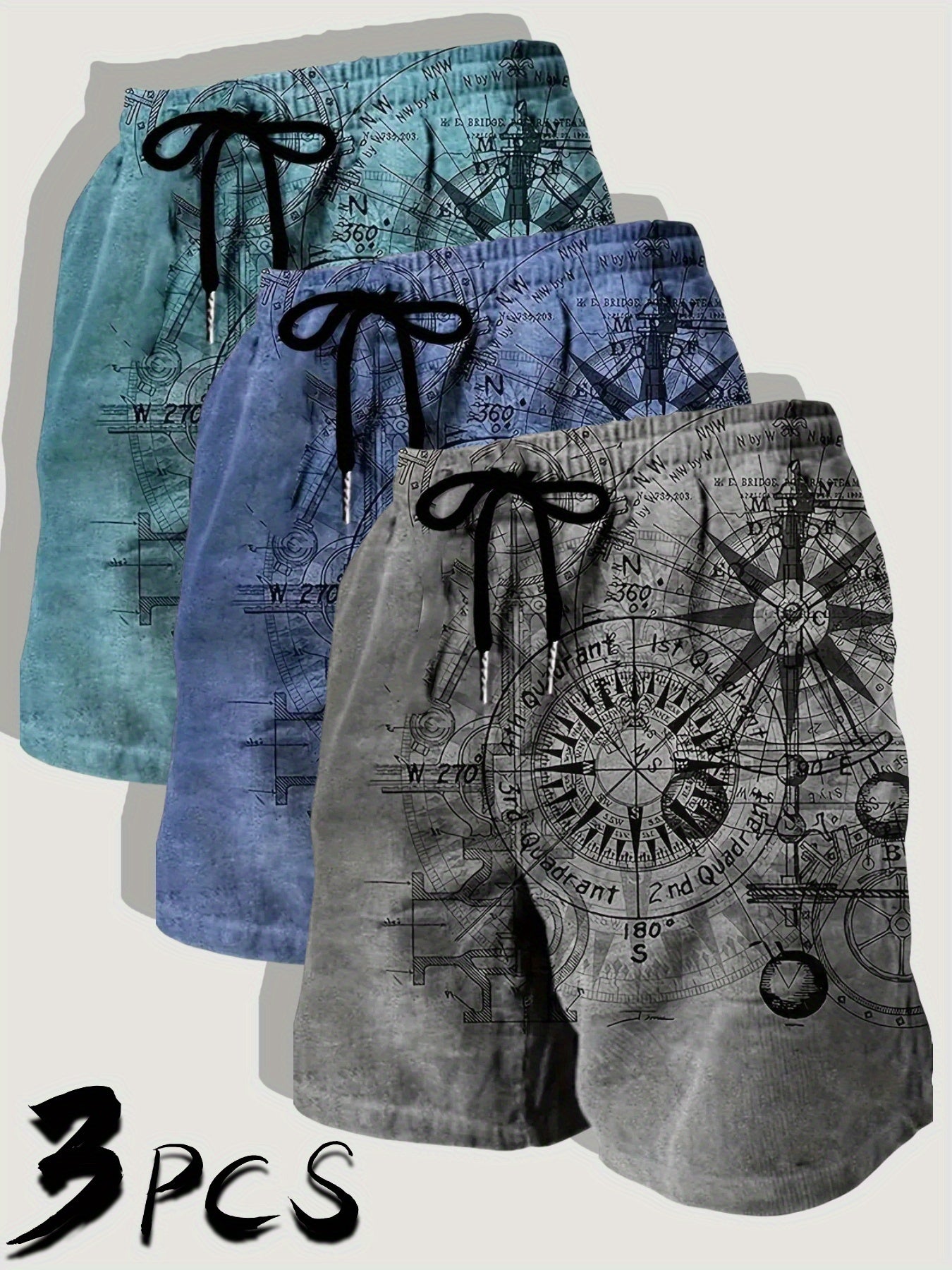 Three Pack Mens Casual Beach Shorts Nautical Chart Print