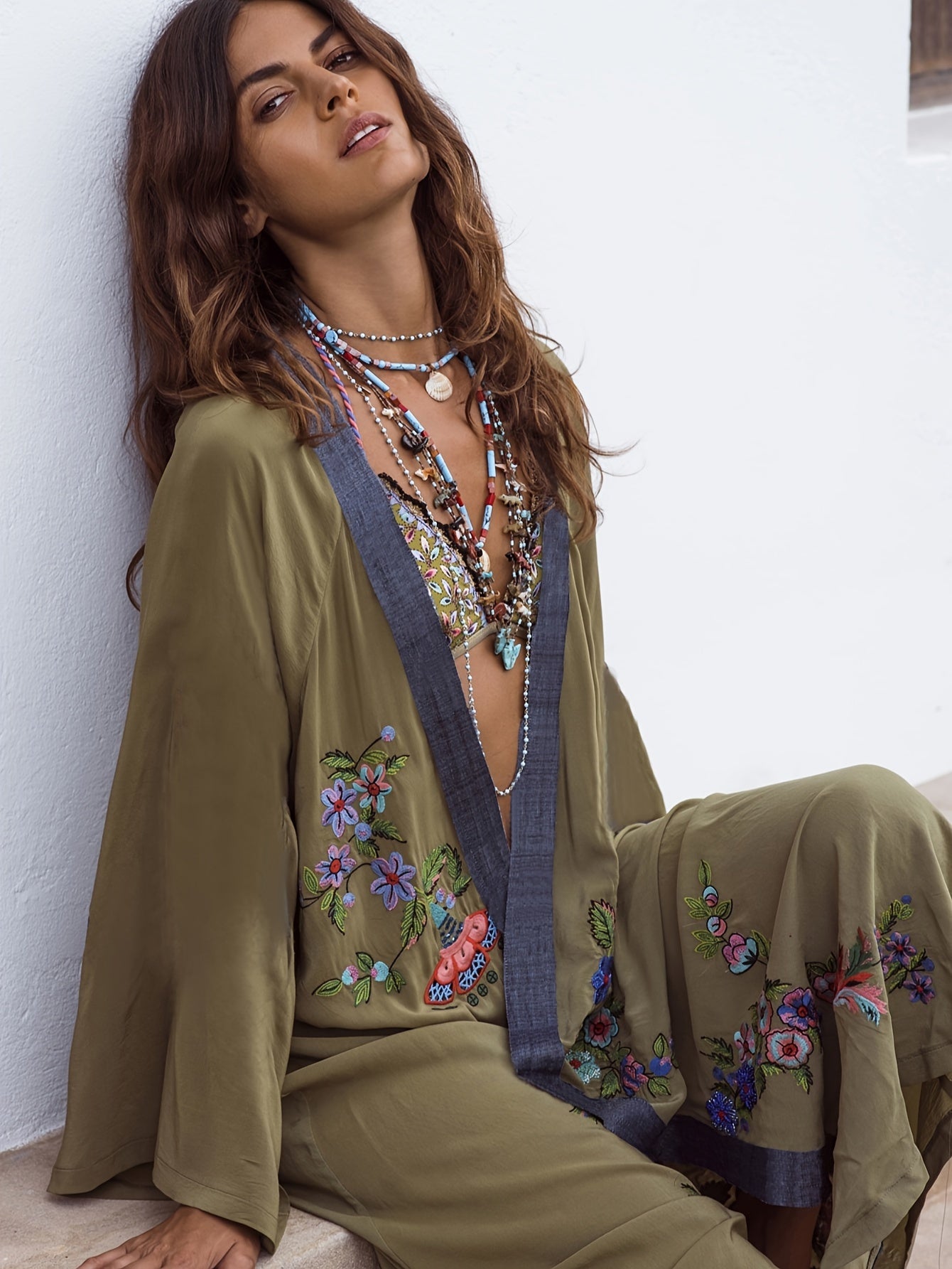 Blossom and Radiate Faux Denim Embroidered Cover Up Kimono