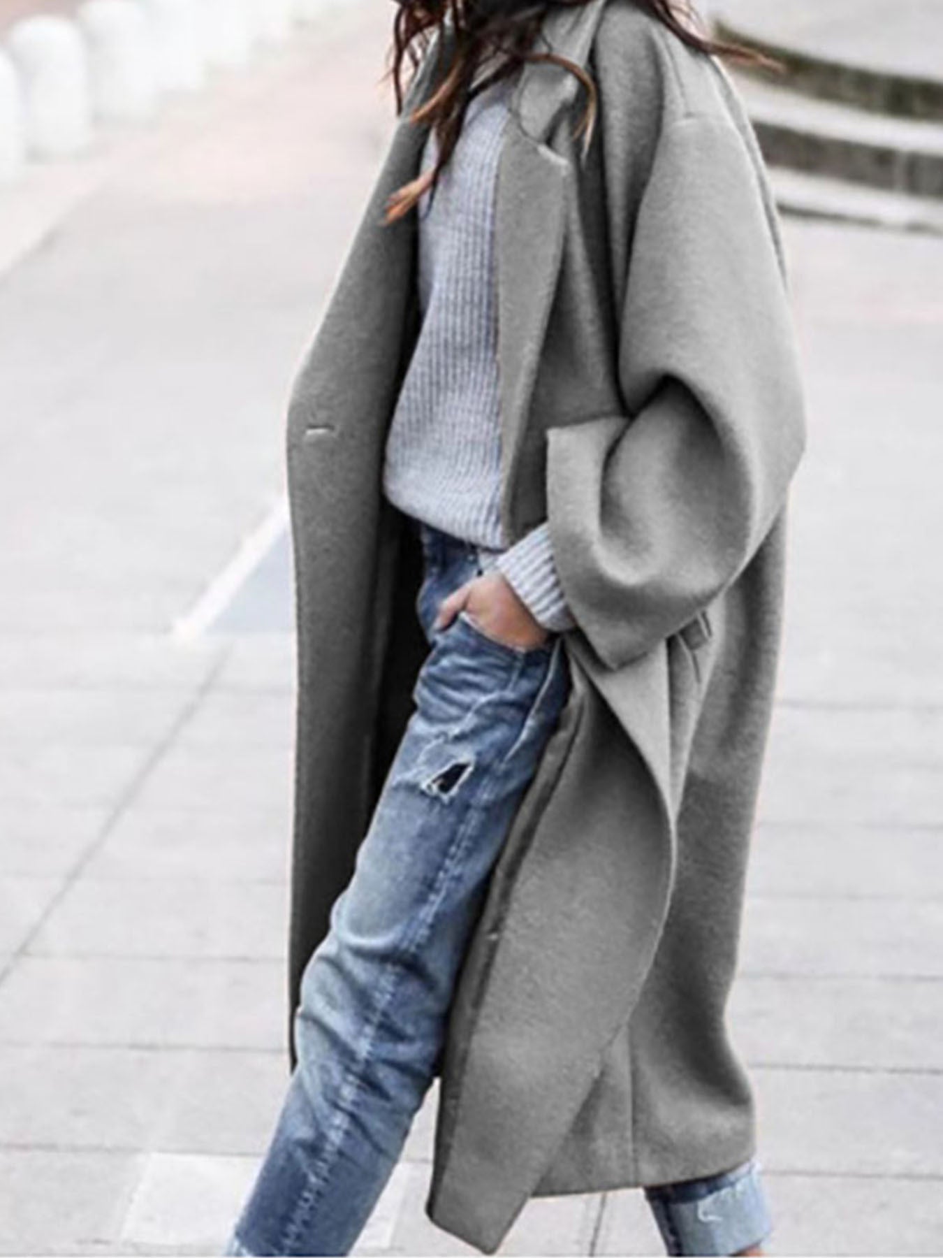 Womens Oversized Long Coat Pockets Elegant Winter Trench
