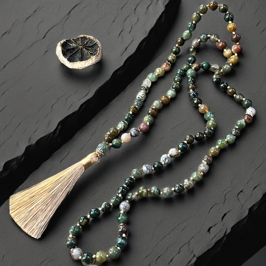 Bohemian Vintage 108 Bead Mala Necklace Agate