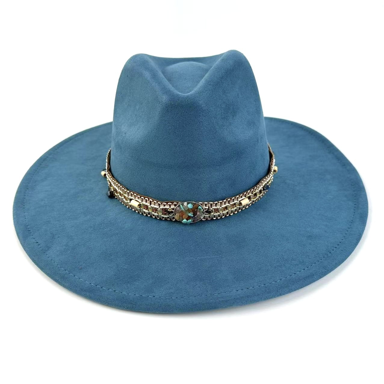 Bohemian Wide-Brim Felt Hat With Turquoise Bead Chain Band