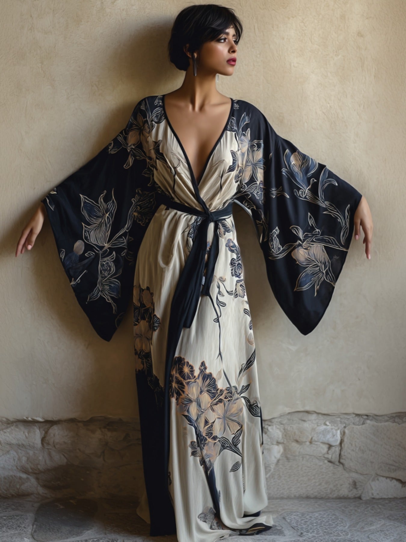 Elegant Floral Kimono Robe Dress With Hibiscus Print